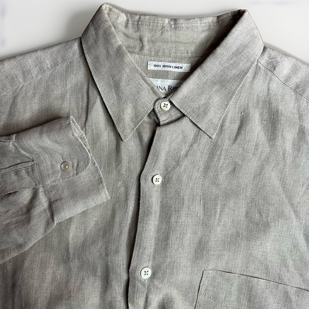 Vintage 90s Banana Republic 100% Irish Linen Shirt Mens Large Tan Pocket Safari